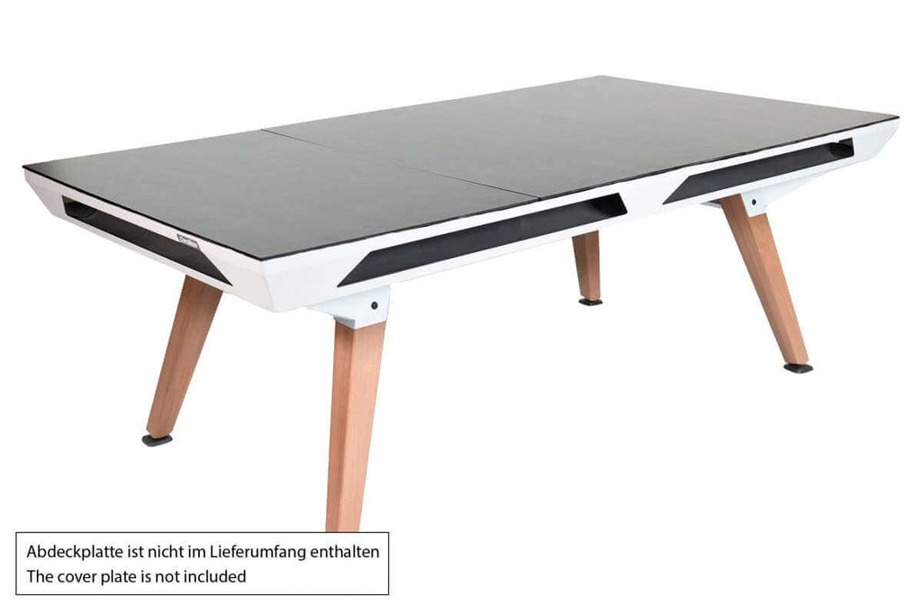 White Cornilleau Origin outdoor pool table with the dining top cover plate fitted