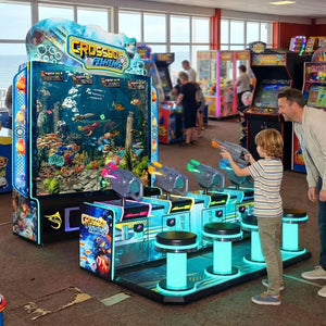 Crossbow Fishing 4 player arcade machine in a UK seaside arcade with a child playing