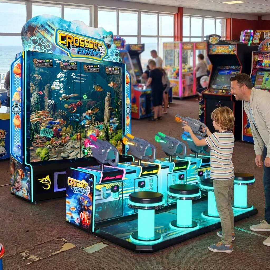 Crossbow Fishing 4 player arcade machine in a UK seaside arcade with a child playing