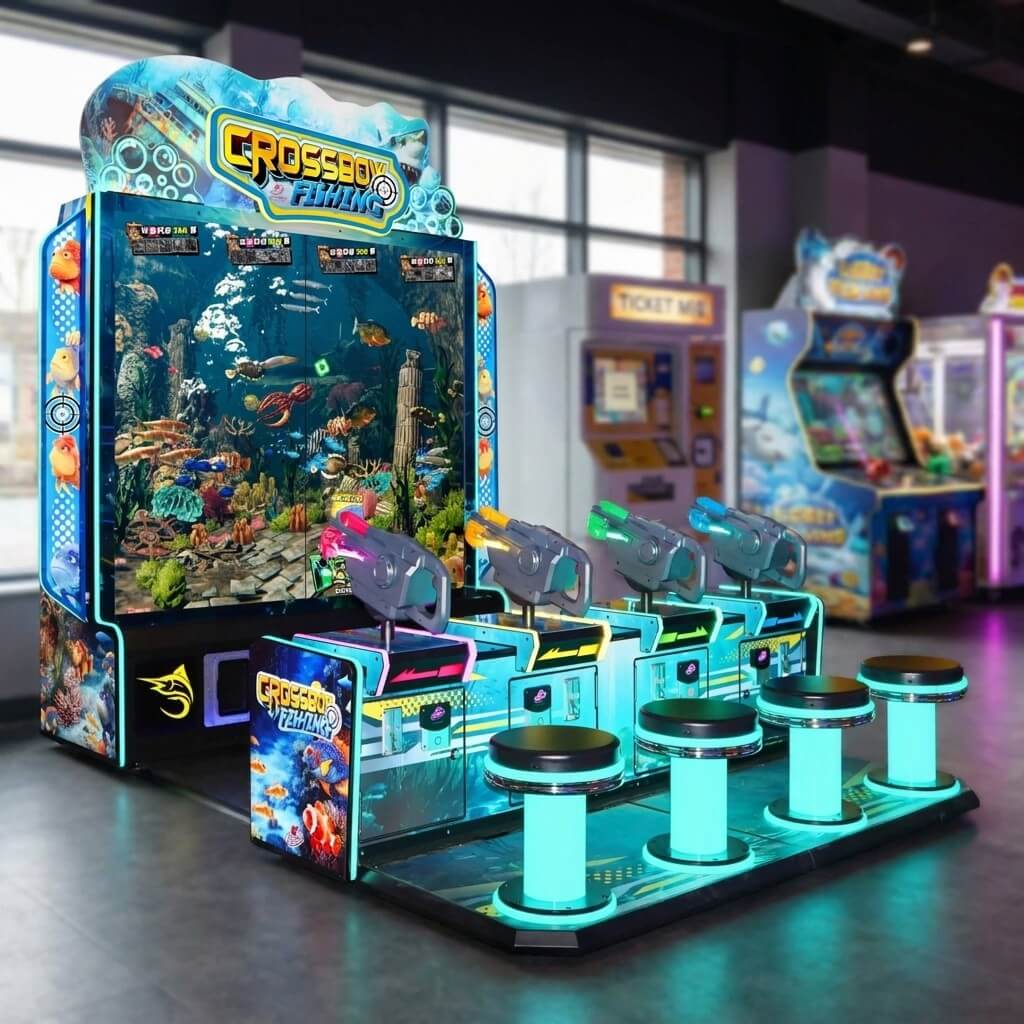 Crossbow Fishing arcade machine glowing in a family entertainment centre