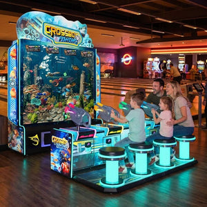 A family playing Crossbow Fishing together at a bowling alley in the evening