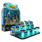 Crossbow Fishing 4 player arcade machine with giant underwater screen, four crossbows and glowing stools