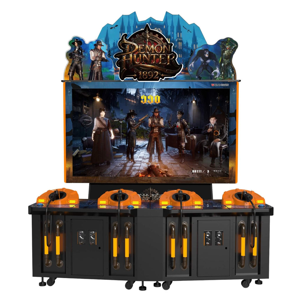 Demon Hunter 1892 shooting arcade machine from the front showing the screen and four guns