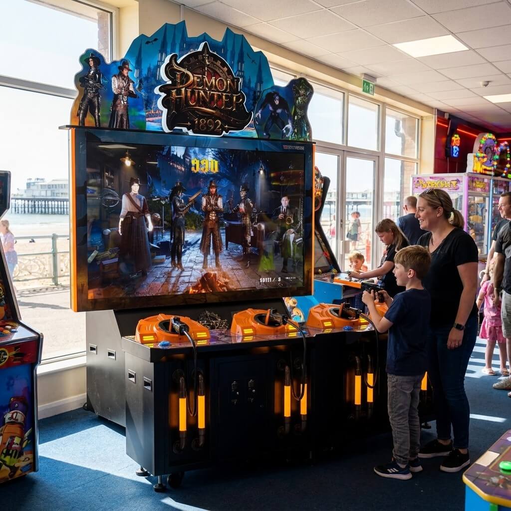 Demon Hunter 1892 shooting arcade machine in a UK seaside arcade with a child playing