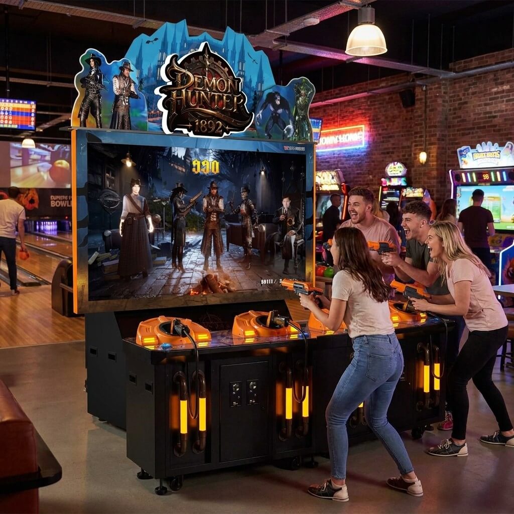 Four friends playing Demon Hunter 1892 at a bowling alley in the evening