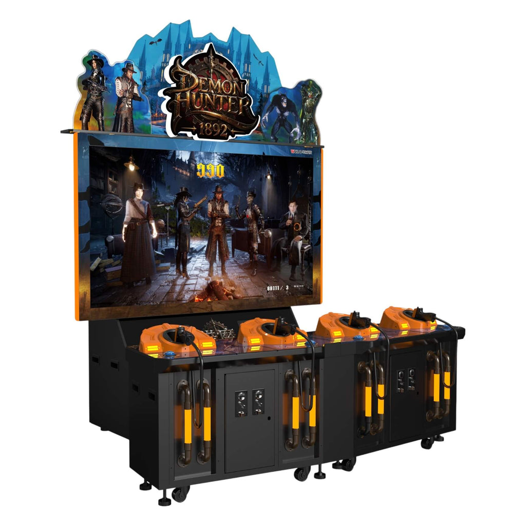 Demon Hunter 1892 4 player shooting arcade machine with steampunk sign, large screen and four guns