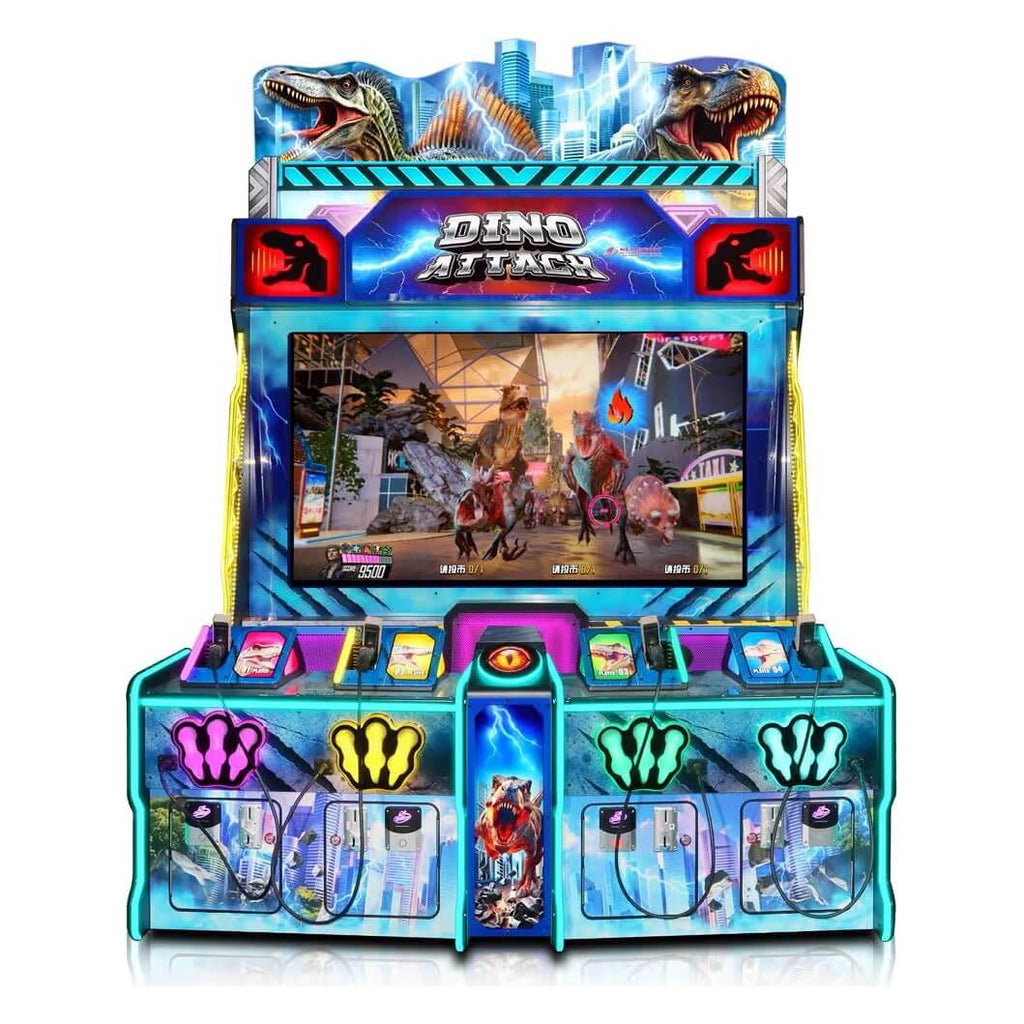 Dino Attack 4 player shooting arcade machine from the front showing the screen and four guns