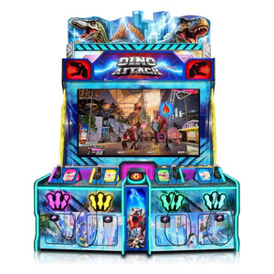 Dino Attack 4 player shooting arcade machine from the front showing the screen and four guns
