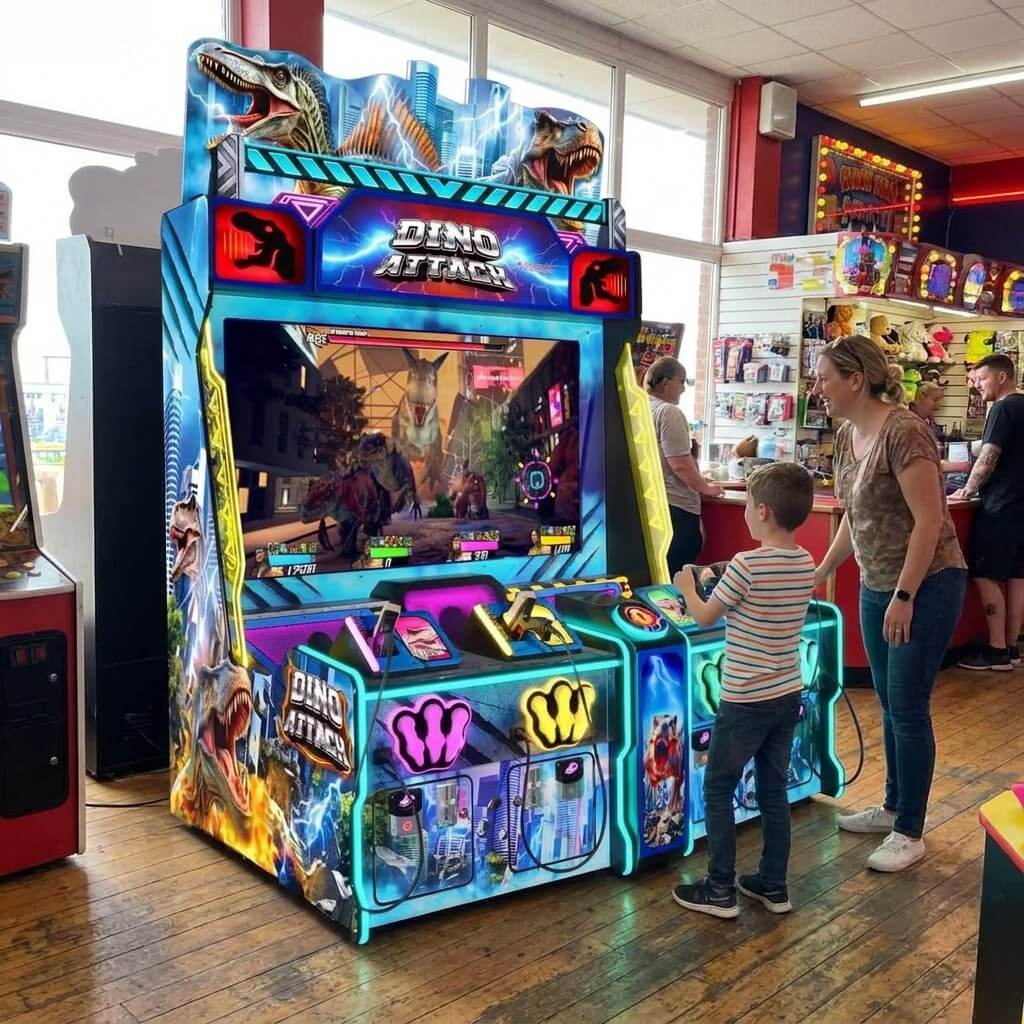 Dino Attack 4 player shooting arcade machine in a UK seaside arcade with a child playing