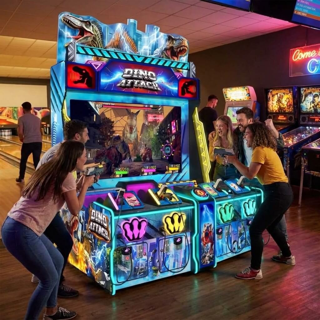 Four friends playing Dino Attack at a bowling alley in the evening
