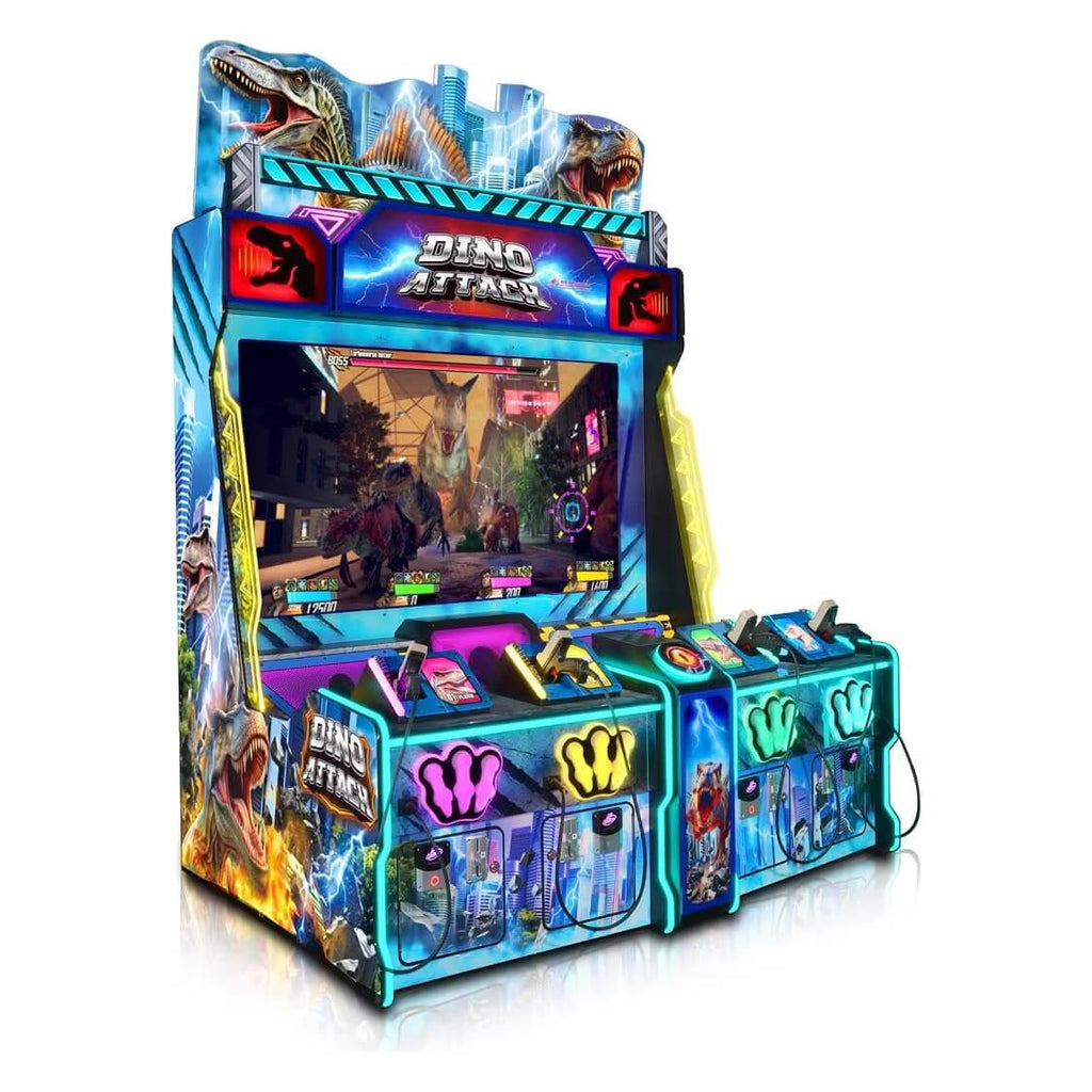 Dino Attack 4 player shooting arcade machine with dinosaur artwork, large screen and four guns