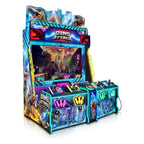 Dino Attack 4 player shooting arcade machine with dinosaur artwork, large screen and four guns