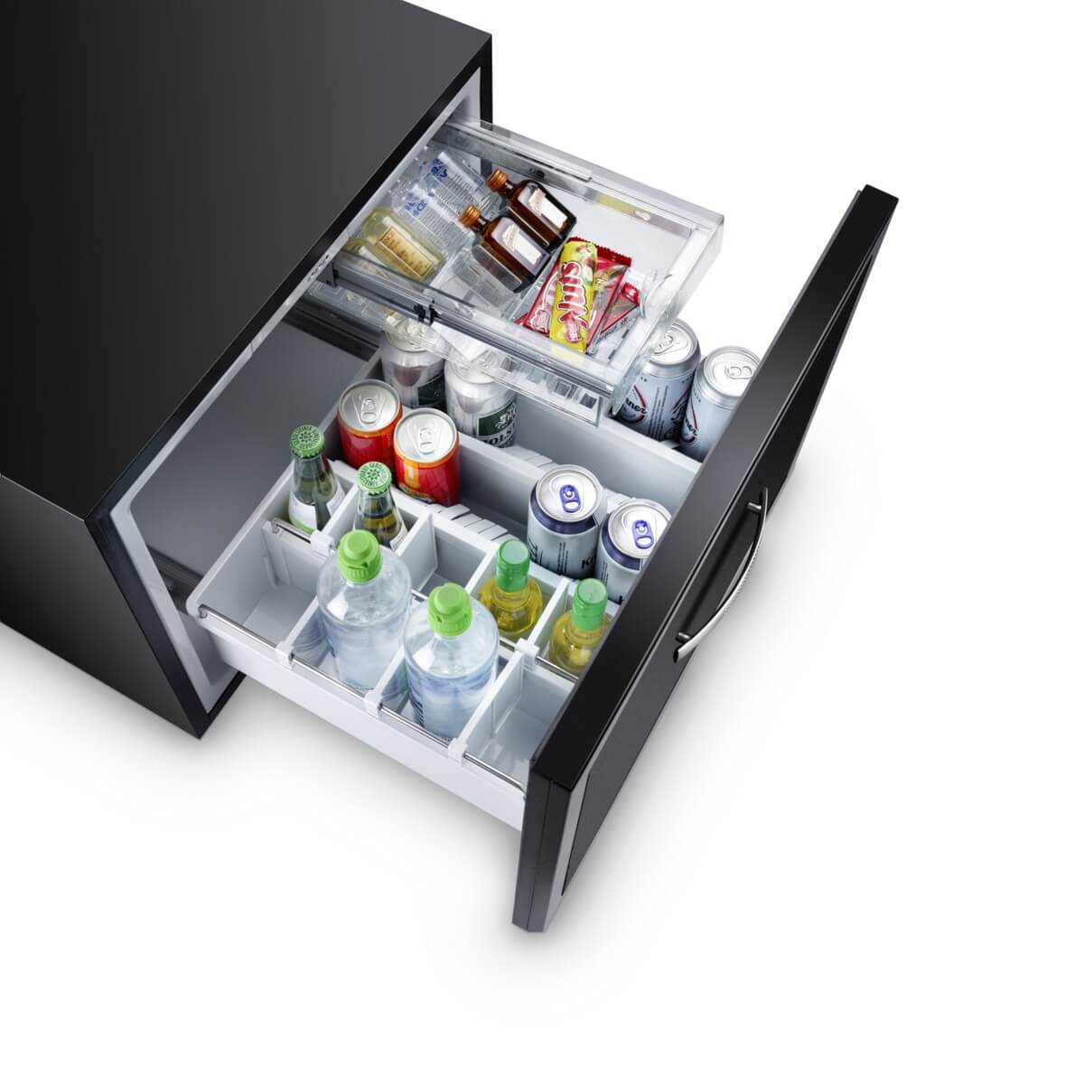 DM50 drawer pulled open with cans, bottles and snacks inside