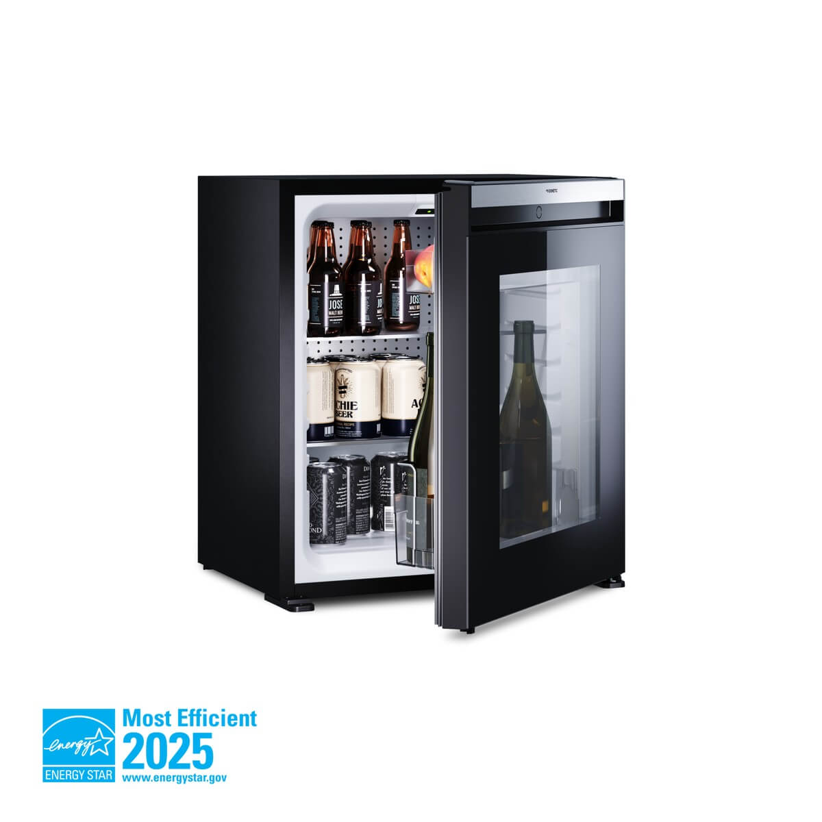 Dometic HiPro Evolution C60G glass door minibar stocked with drinks and lit by LED