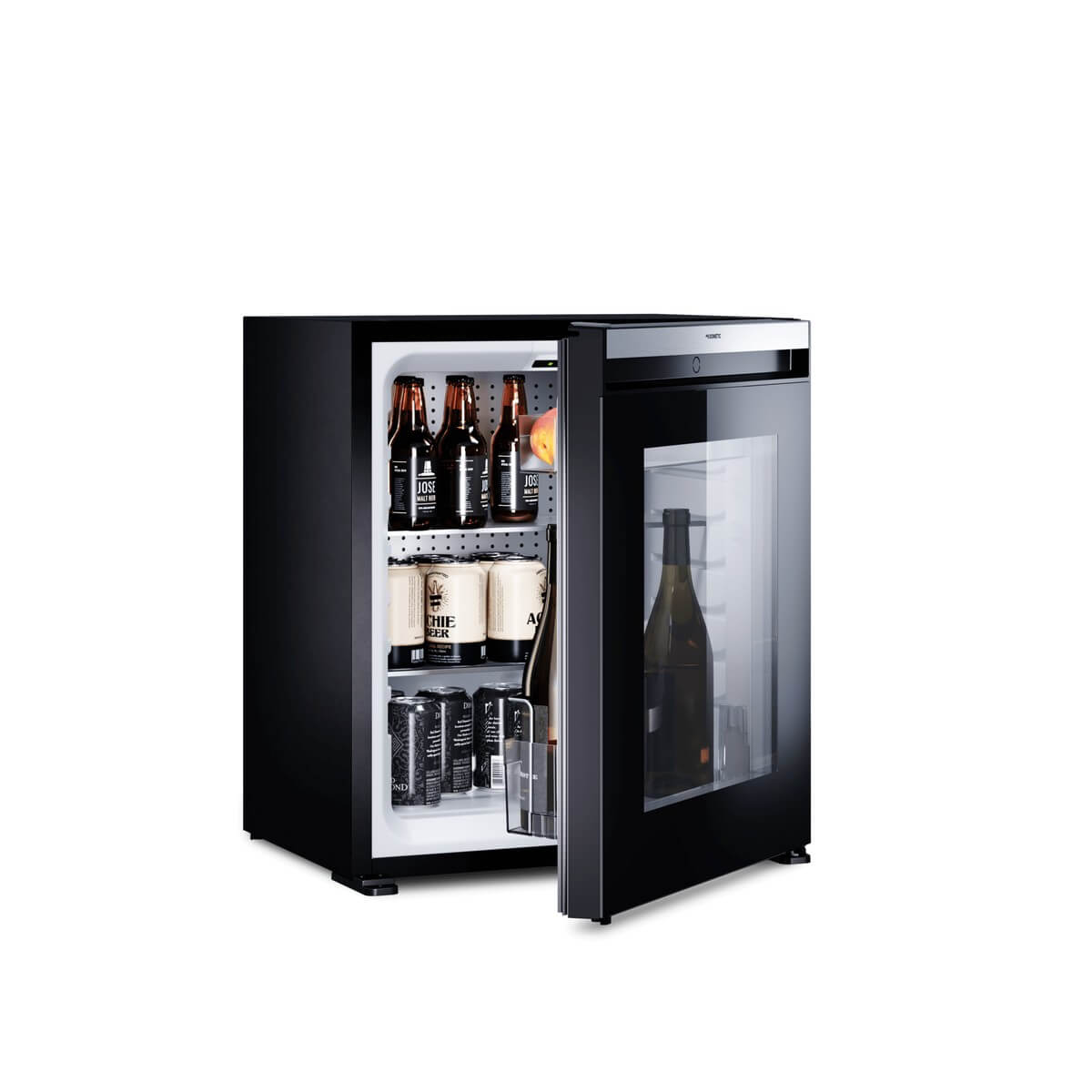 Black glass door minibar with bottles on the shelves and in the door