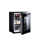 Black glass door minibar with bottles on the shelves and in the door