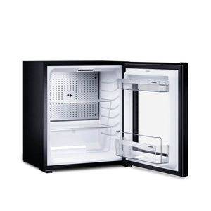 C60G minibar with the glass door open showing glass shelves and door racks