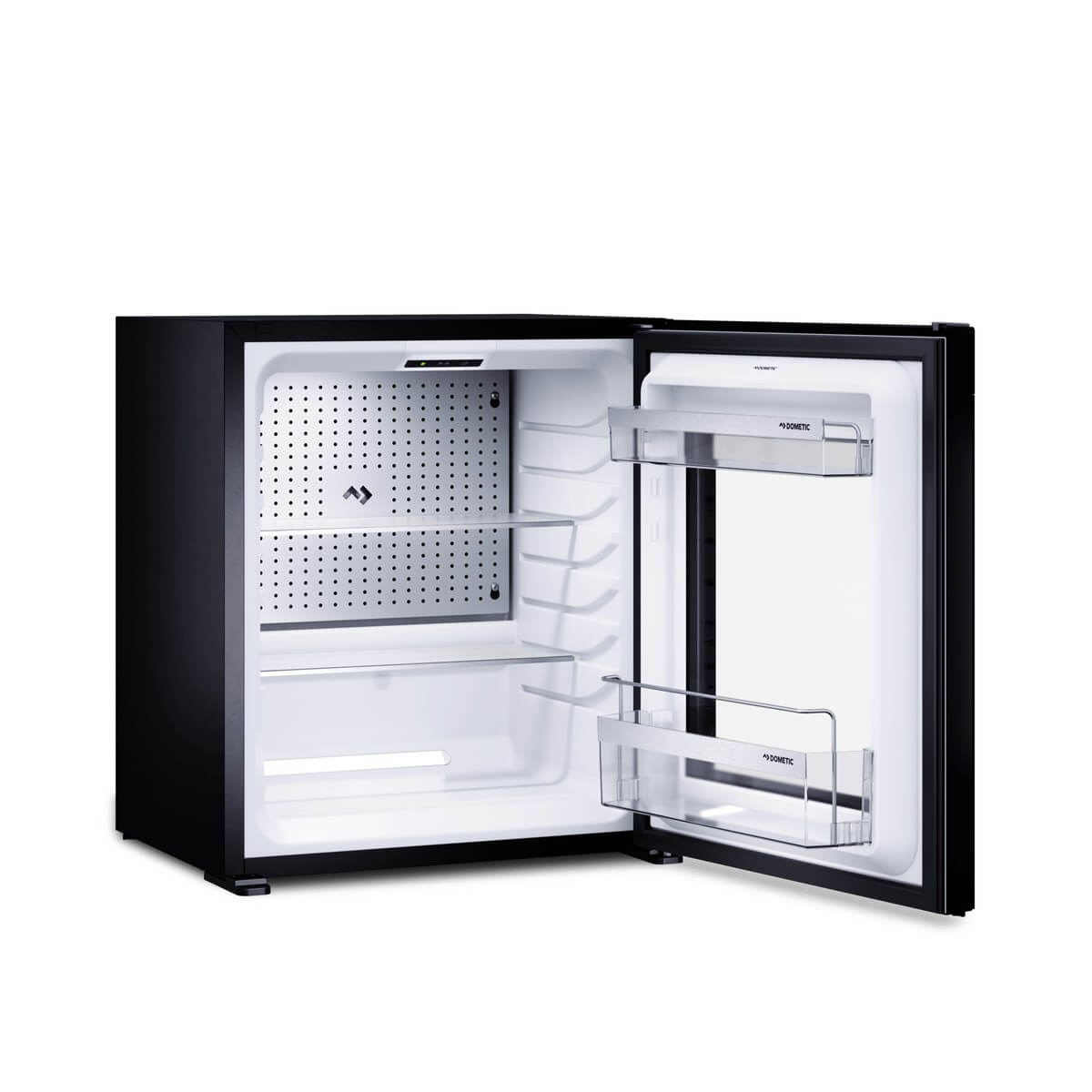 C60G minibar with the glass door open showing glass shelves and door racks