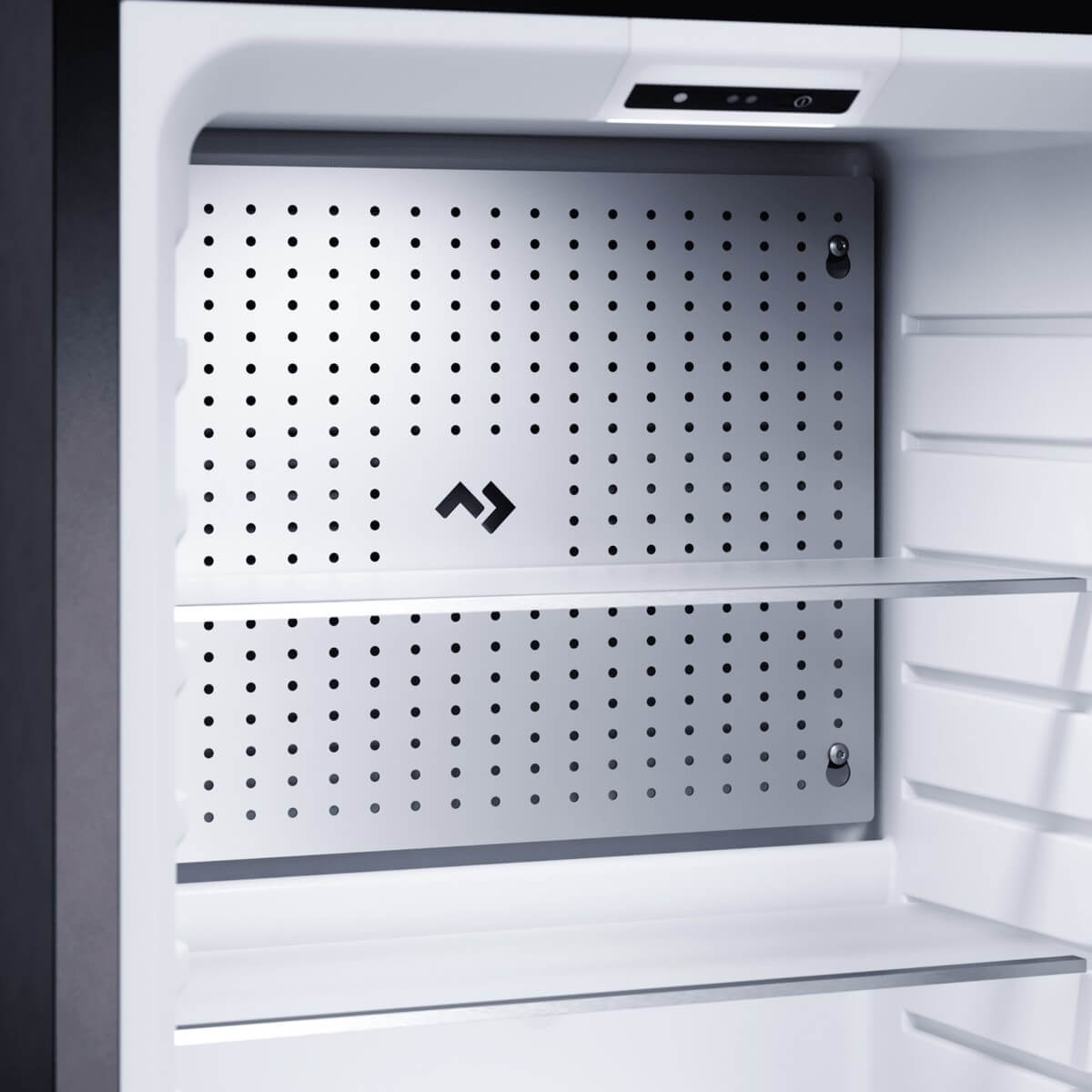 Inside the minibar showing the control panel and glass shelf