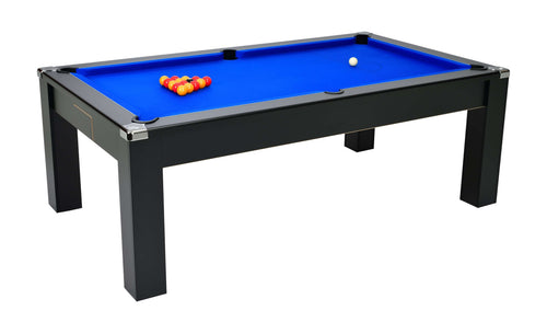 DPT Avant Garde 2.0 pool table in black finish with blue cloth, balls racked and cue ball on the table