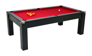 DPT Avant Garde 2.0 pool table in black finish with red cloth, balls racked and cue ball on the table