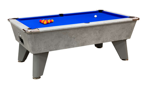 DPT Omega Classic Freeplay pool table in Concrete finish with Blue cloth, balls racked and cue ball on the table