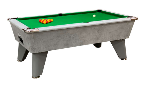 DPT Omega Outback Pro outdoor slate pool table in concrete finish with English green cloth, balls racked on the table