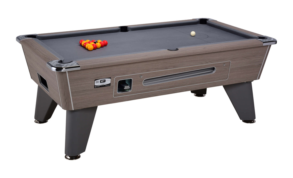 DPT Omega Pro Coin-Operated/Freeplay pool table in Grey Oak finish with Grey cloth, balls racked and cue ball on the table