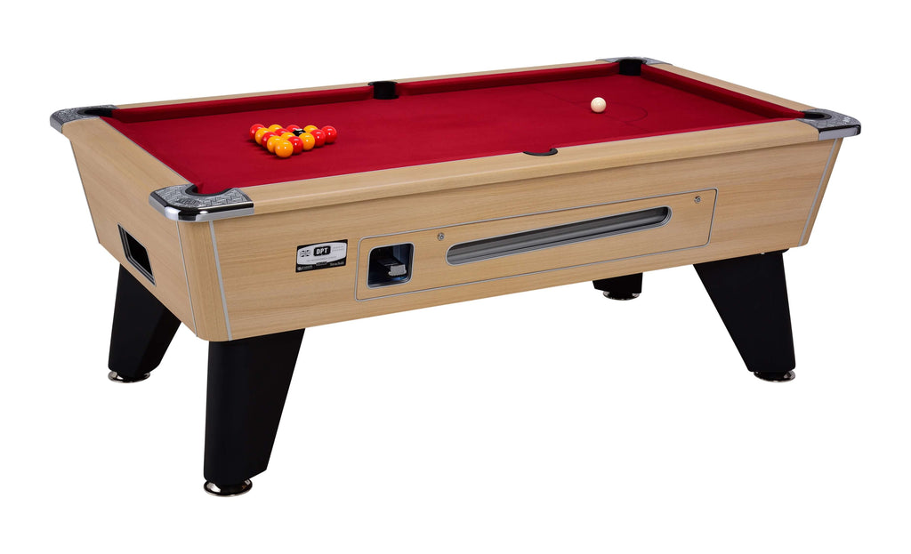DPT Omega Pro Coin-Operated/Freeplay pool table in Oak finish with Red cloth, balls racked and cue ball on the table
