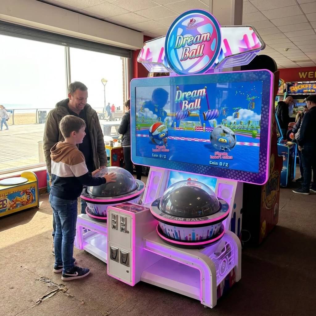 Dream Ball trackball arcade machine in a UK seaside arcade with a child playing while a parent watches