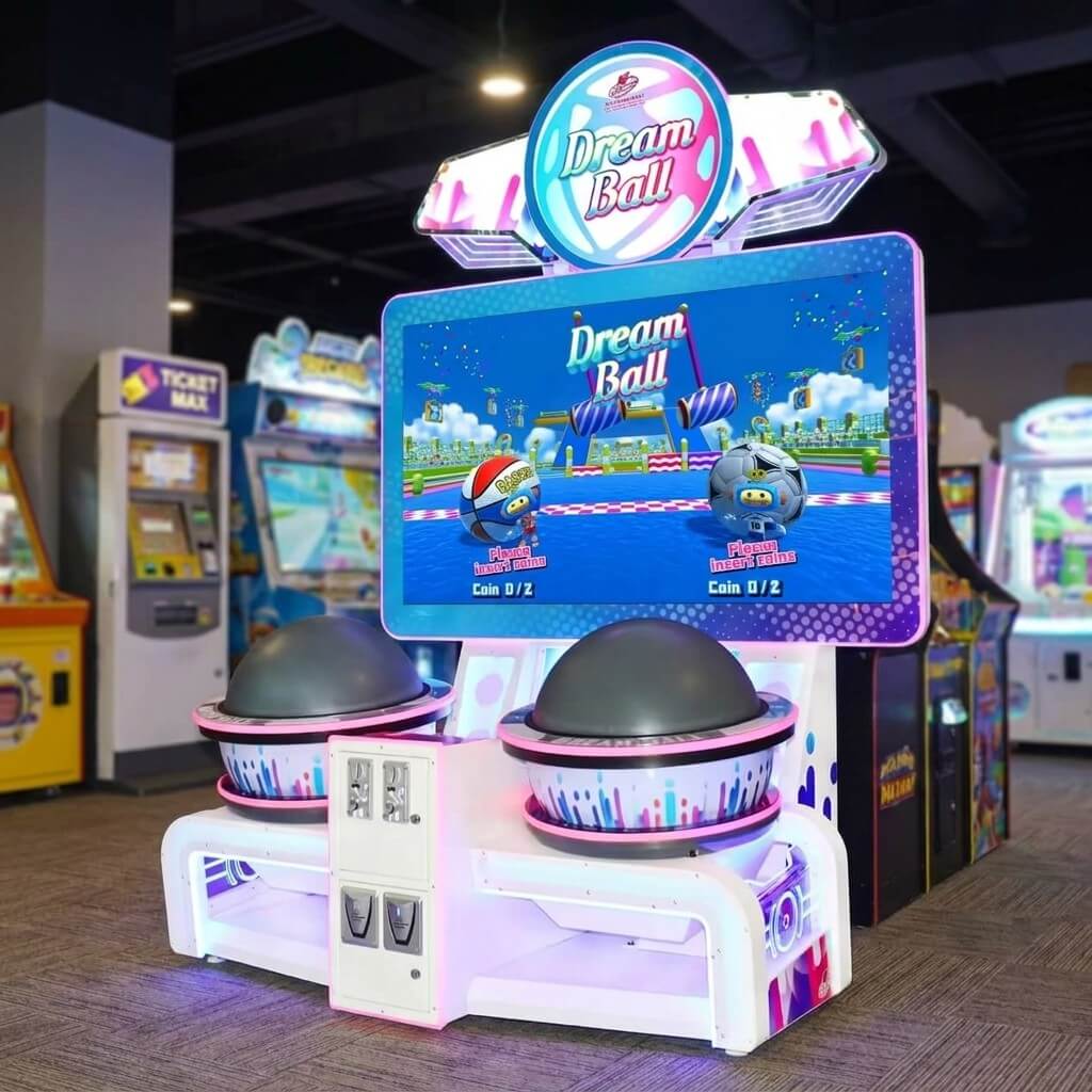 Dream Ball trackball arcade machine glowing in a family entertainment centre