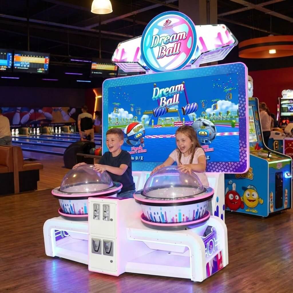 Two children playing Dream Ball at a bowling alley in the evening