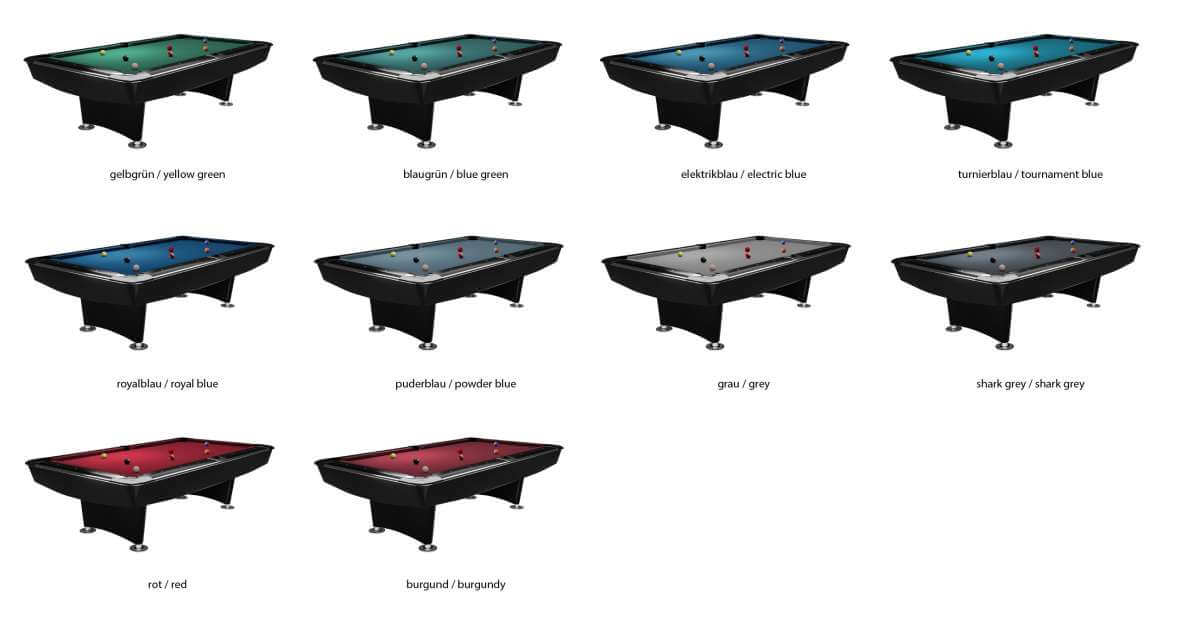 Cloth colour options available on the Dynamic II 9ft American pool table