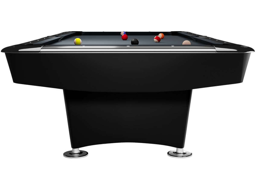 Dynamic II 9ft American pool table in shining black with chrome corner detailing, full table view