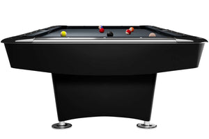 Dynamic II 9ft American pool table in shining black with chrome corner detailing, full table view