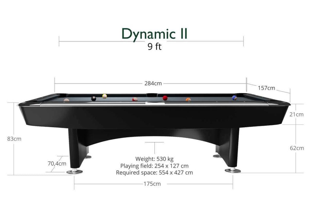 Dimensioned diagram of the Dynamic II 9ft American pool table