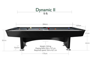 Dimensioned diagram of the Dynamic II 9ft American pool table