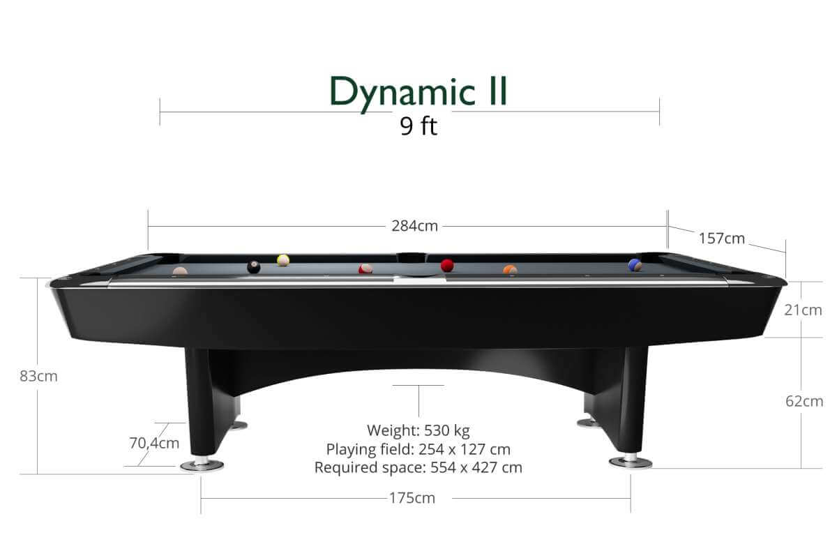 Dimensioned diagram of the Dynamic II 9ft American pool table
