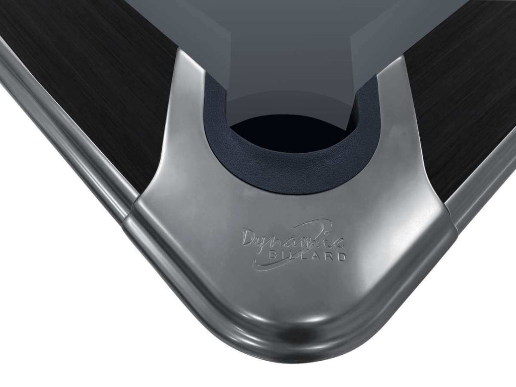 Close-up of a corner pocket on the Dynamic Axion 9ft pool table