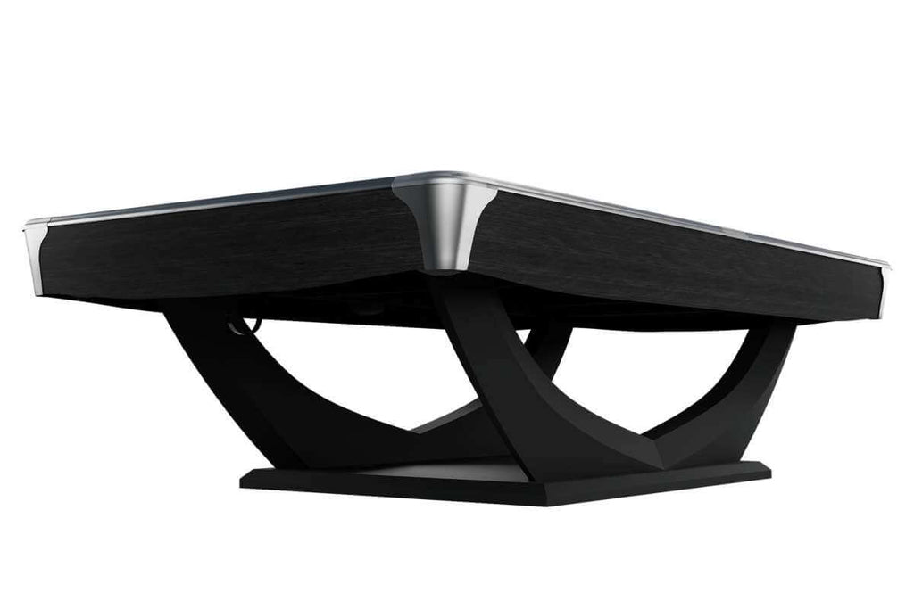Corner and rail detail on the matt black Dynamic Axion 9ft pool table