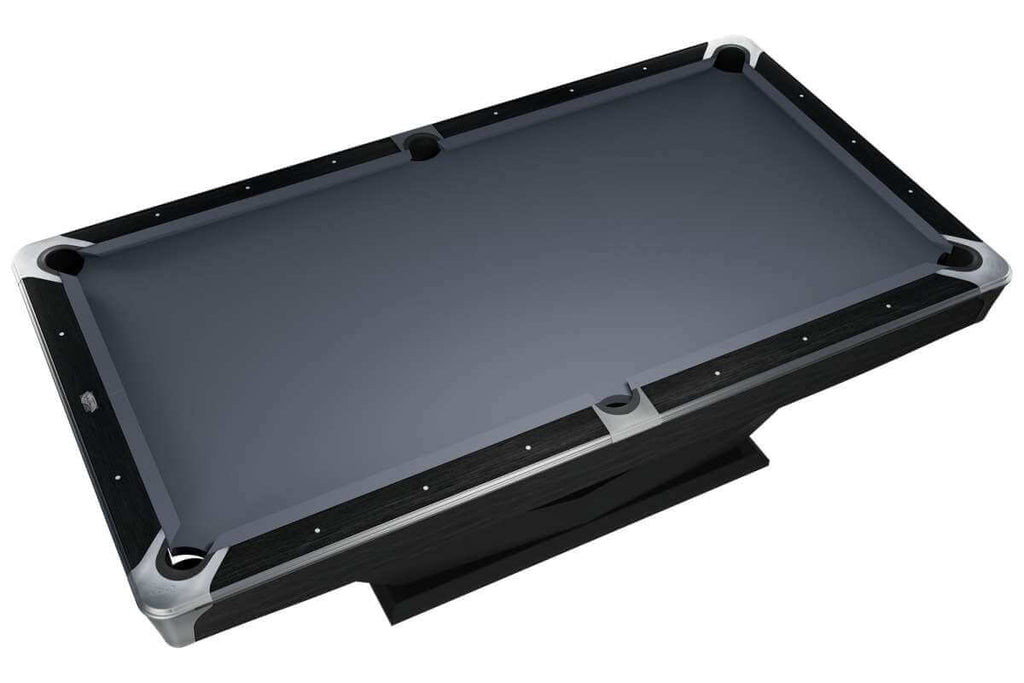 Dynamic Axion 9ft American pool table in matt black, viewed from above showing the full playing surface
