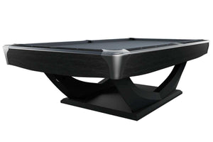 Dynamic Axion American pool table in matt black, showing the curved X-shaped base