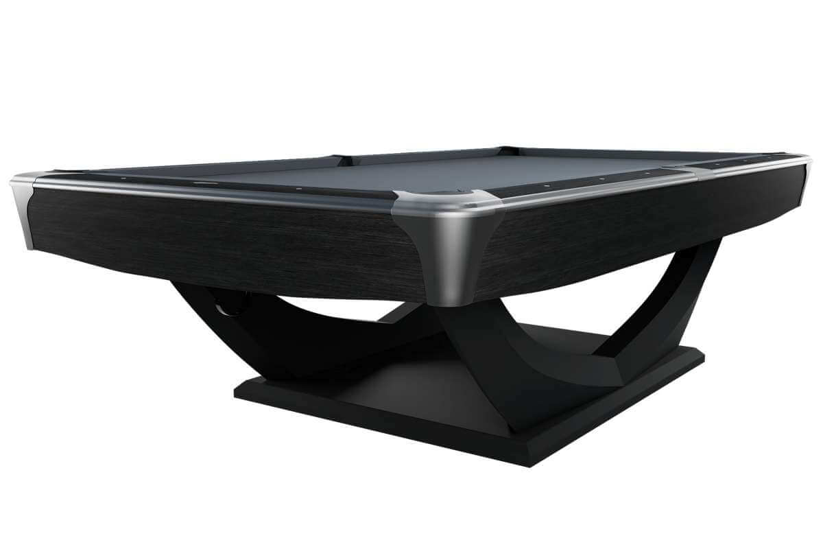 Dynamic Axion American pool table in matt black, showing the curved X-shaped base
