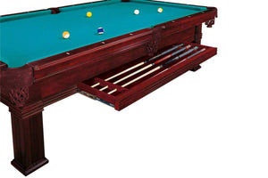 Pull-out cue storage drawer on the Dynamic Bern mahogany pool table, shown open with cues inside