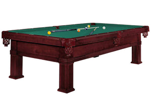 Dynamic Bern 8ft American pool table in mahogany with green cloth, leather drop pockets and ornate turned legs