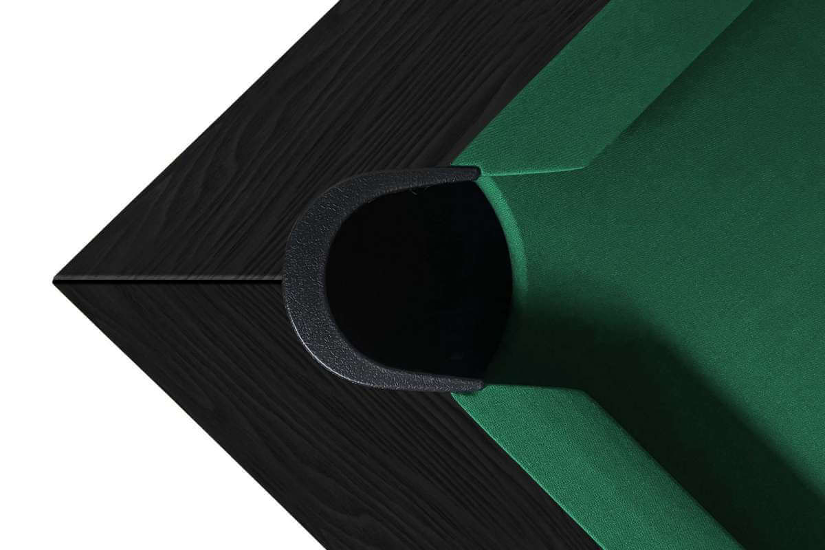 Close-up of a corner pocket and cushion rail on the Dynamic Diner pool table in Matt Black finish