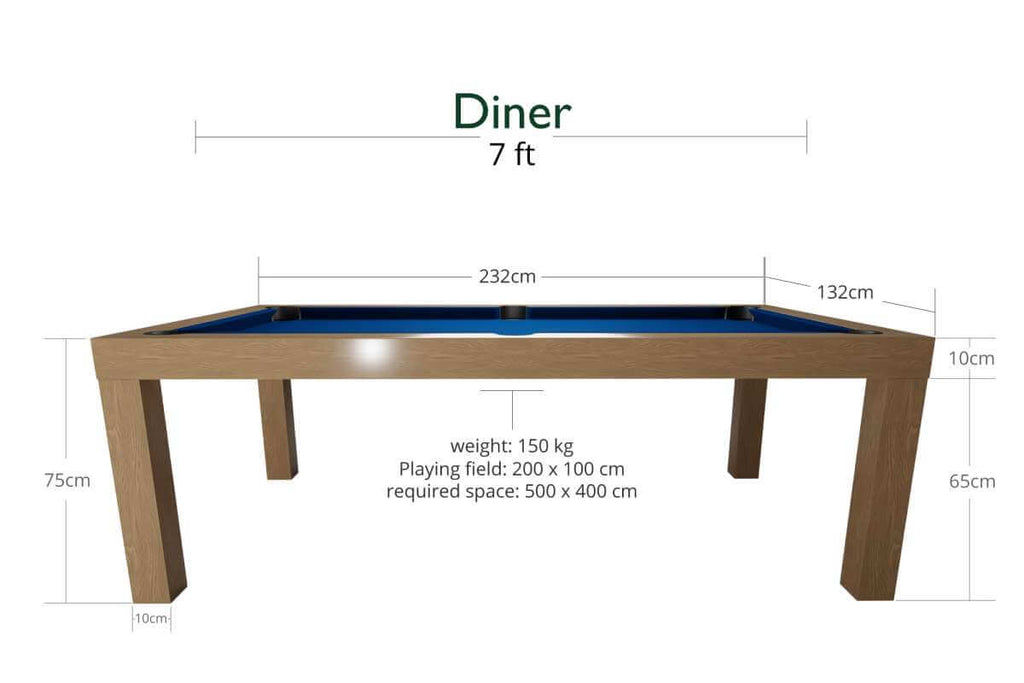 Dimension diagram for the Dynamic Diner 7ft pool table in Oak finish, showing length, width and height measurements
