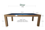Dimension diagram for the Dynamic Diner 7ft pool table in Oak finish, showing length, width and height measurements