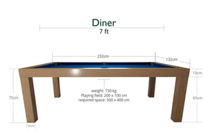 Dimension diagram for the Dynamic Diner 7ft pool table in Oak finish, showing length, width and height measurements