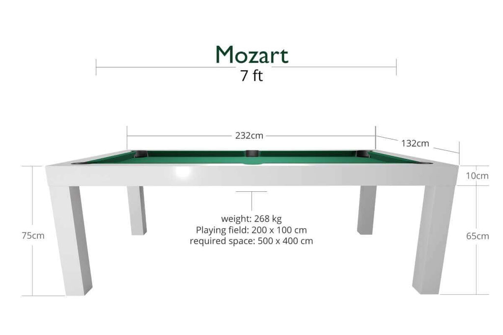 Dynamic Mozart 7ft pool dining table dimensions diagram, Matte White finish
